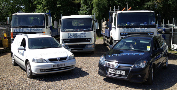 Image of Tubeline Scaffolding Vehicles in the Cranborne yard, Dorset