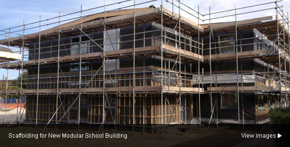 Image of Scaffolding around New-Build Modular School Building at Heathlands School